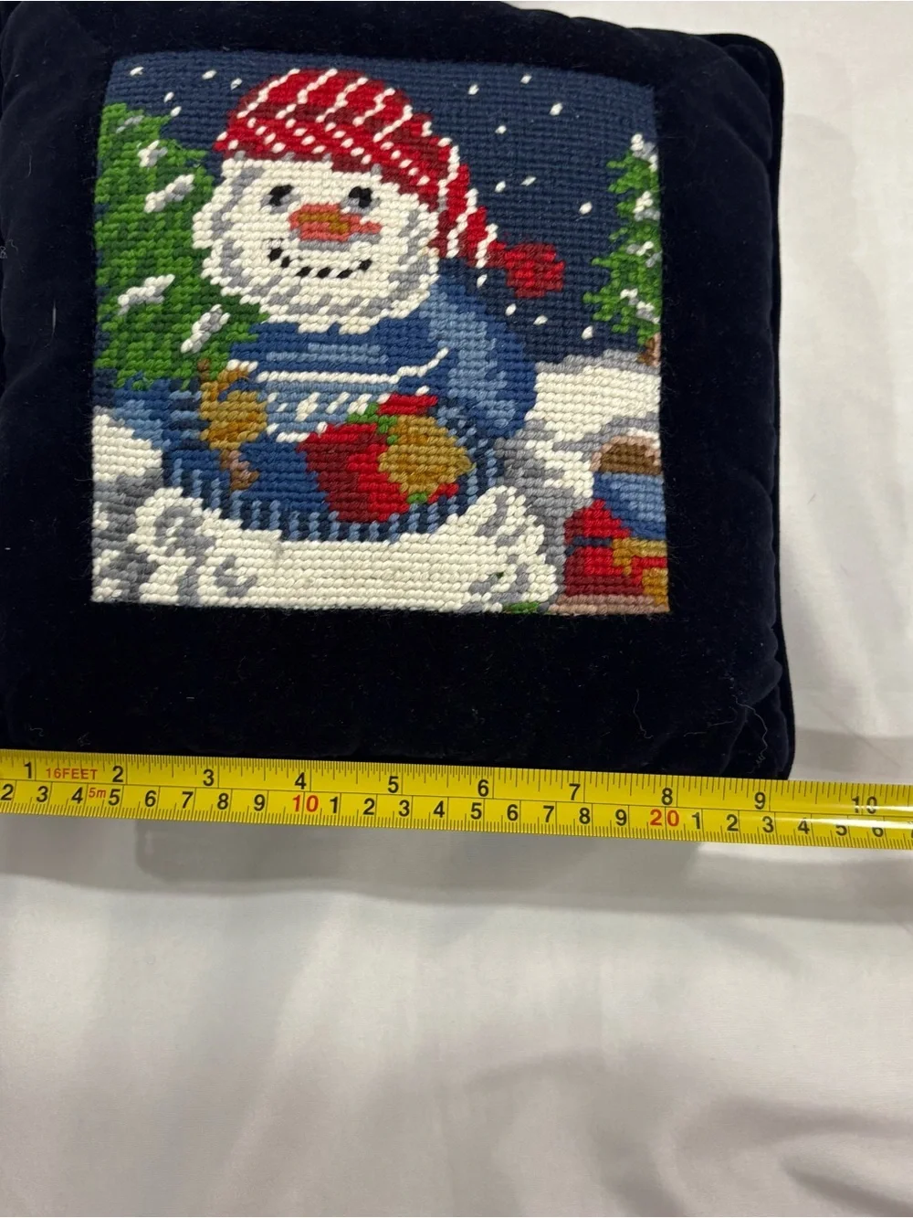 VTG Needlepoint Wool Velvet Tapestry Throw Pillow Christmas Snowman 10”x10”